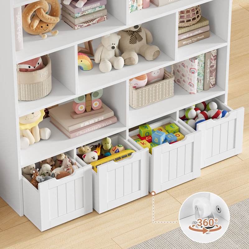 🧸 Kirklyn 57.5"H 5-Tier Cube Bookcase & Toy Storage Organizer, Kids Bookshelf with 4 Movable Drawers & 10 Storage Cubes, Children's Playroom Storage Unit