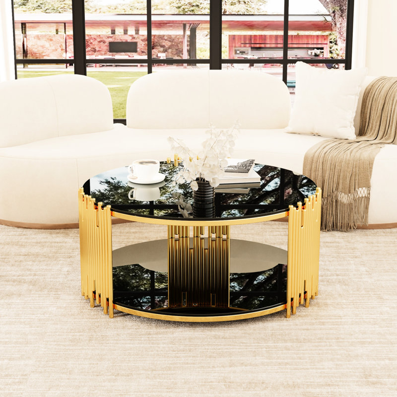 Table basse en acier inoxydable avec plateau en verre trempé noir, hauteur de décor de salon confortable, idéale pour