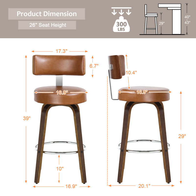 Tabouret de bar et de comptoir Sonja, Tabouret de bar (siège d'une hauteur de 29 po), Siège brun / cadre brun