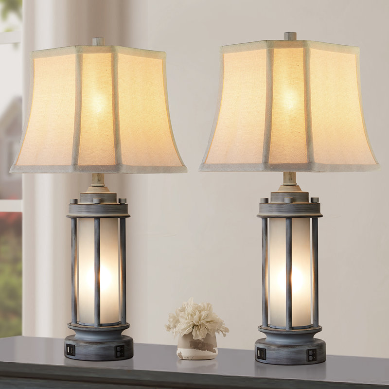 25" Latwanda Table Lamp Set With Night Light And USB Ports, Grey