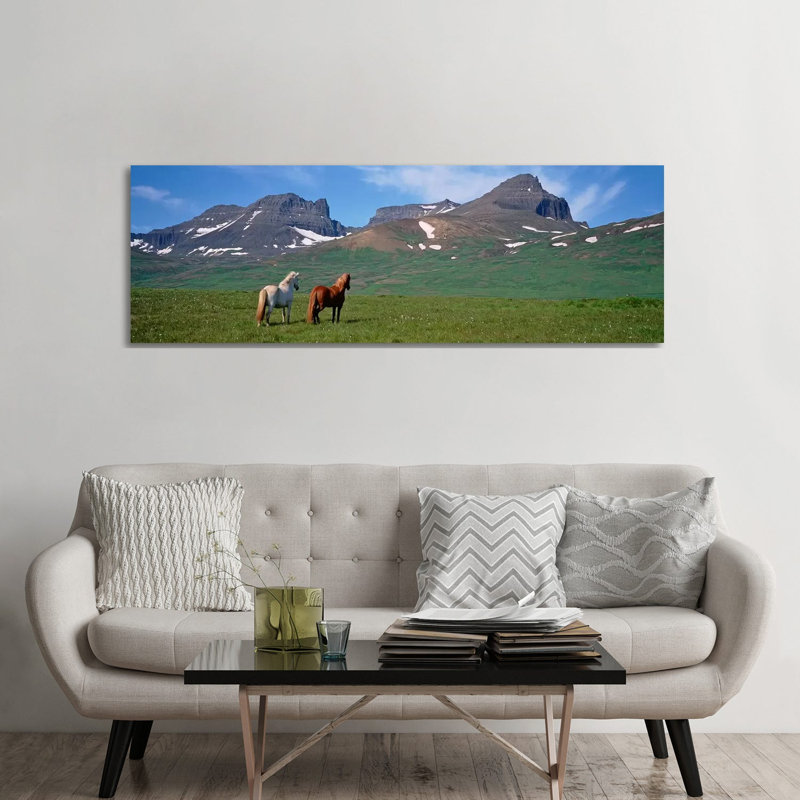 Horses Standing And Grazing In A Meadow, Borgarfjordur, Iceland #3 - Wrapped Canvas Panoramic Print, 182.88 cm H x 60.96 cm W