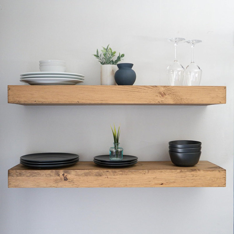 Modern Floating Shelves 3 Inches Thick For Wall, Wide Shelves For Kitchen, Living Room, Bedroom, And Bathroom, Natural Pine Wood, Rustic Wooden Shelf, (set Of 2)