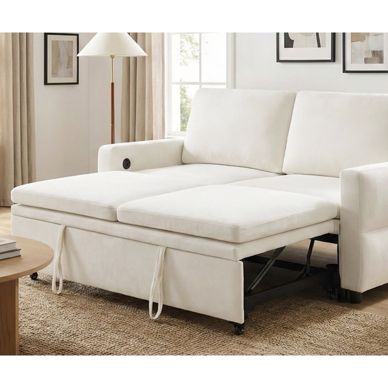 Canapé-lit convertible avec dossier réglable et ports USB, parfait pour les petits espaces et la vie moderne, Chenille beige