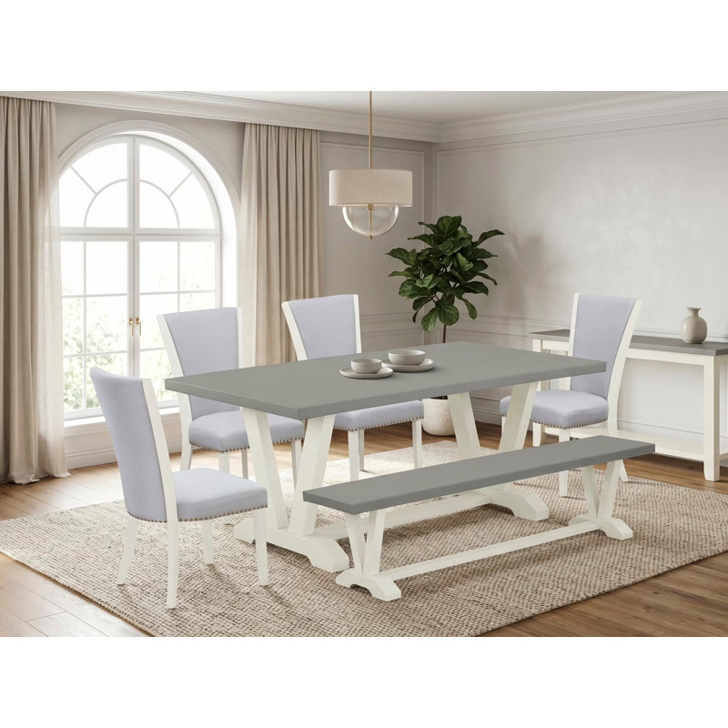 Ensemble de table de cuisine 6 pièces comprenant une table à manger rectangulaire avec pieds en V et 4 chaises rembourrées en lin gris avec banc, multicolore