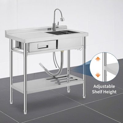 Évier utilitaire en acier inoxydable, évier à cuve simple autoportant avec tiroir à droite et établi, évier à lessive commercial avec robinet d'eau froide et chaude rétractable et crochets, pour le garage de cuisine intérieur et extérieur