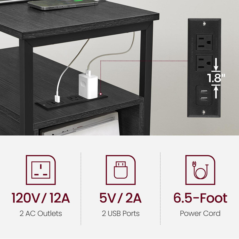 Side Table With Charging Station, Black