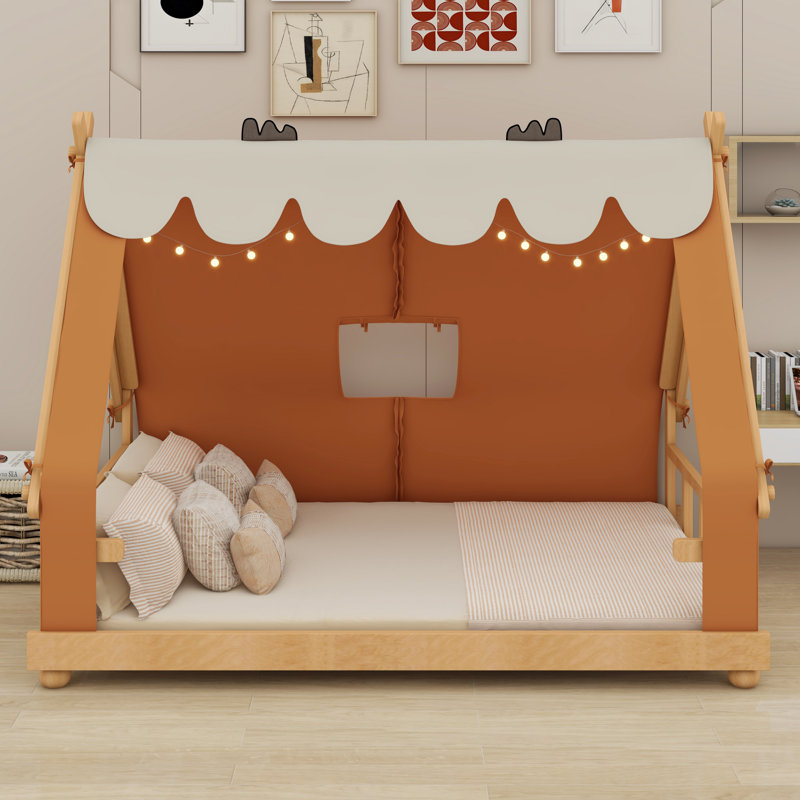 Lit maison avec tente et lumière, Brun
