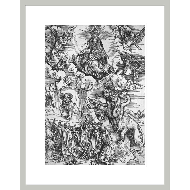 Scène de l'Apocalypse Le dragon à sept têtes et dix cornes (gravure sur bois) (photo noir et blanc) par Albrecht Dürer