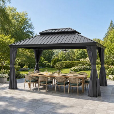 Pavillon de jardin 12 pi x 16 pi avec toit double en acier galvanisé, rideaux et filet pour patio, terrasse et cour arrière