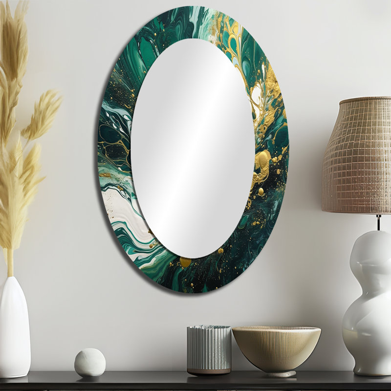 Vert et or Serene Cascade I - miroir unique abstrait, grand miroir mural vert, impression sur métal, 43 po x 33 po, Ovale