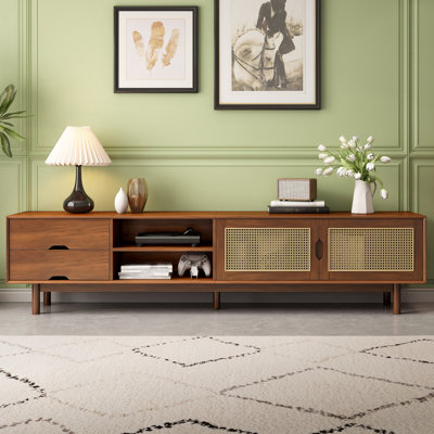 78 Inch TV Stand For Tvs Up To 85 Inch, Media Console With 2 Drawers, Solid Wood Legs, Rattan Front Panels, For Living Room, Modern Entertainment Center