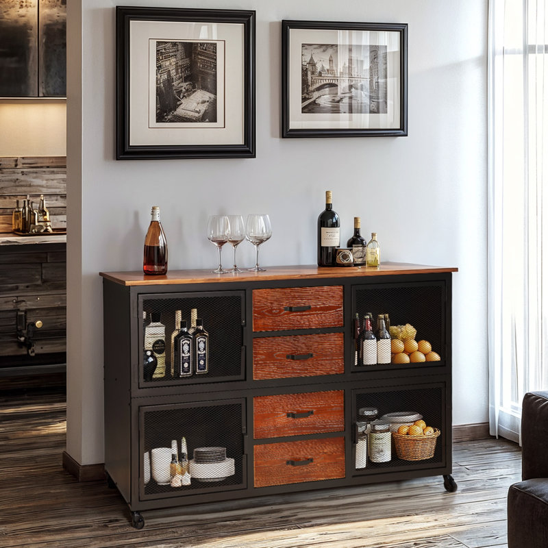Industrial Style Storage Cabinet With Casters Kitchen Storage Cabinet For Home Against The Wall, Noir / Rouge