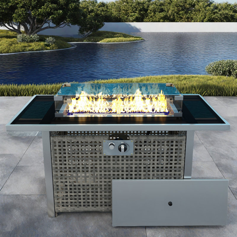 Propane Gas Fire Pit Table With Glass Wind Guard And An Open Basket-wave Patterned Wicker, Gray