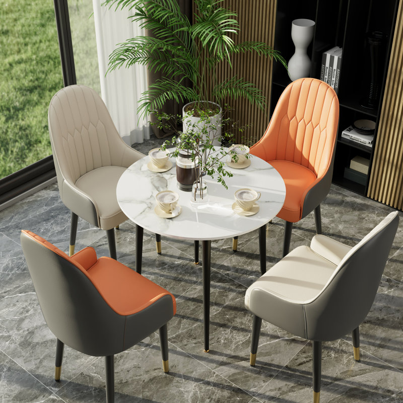 Round Dining Table And 4 Chairs Set, 5pcs Dining Room Sets For Restaurant Kitchen Office, 2-4 Seaters Marble Table And Light Khaki Microfiber Silicone Leather Kitchen Chairs Set Of 4