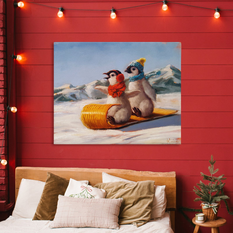 «Toboggan Sleigh Ride Penguins», toile par Lucia Heffernan, H 30 po x l 40 po