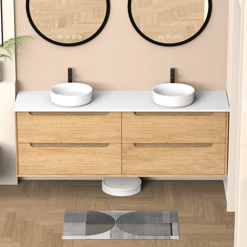 Dessus de meuble-lavabo 72 po en pierre de quartz blanc avec double vasque ronde en céramique