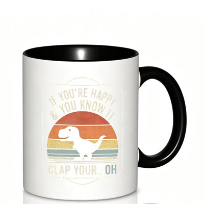 A Single Happy Dinosaur Design Logo Ceramic Mug, Perfect for Coffee, Tea, Or Milk.