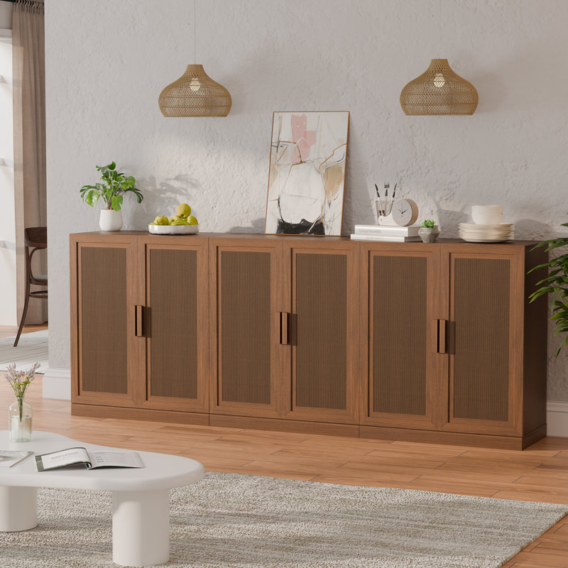 Rattan Door Sideboard Buffet Storage Cabinets with Adjustable Shelves, Walnut, 31" H x 31" W x 16" D