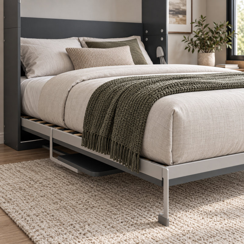 Lit escamotable vertical Deskoria Queen avec bureau intégré, gris, gain de place, 26 lattes en bois massif, pieds automatiques, assistance hydraulique à deux niveaux, sangle de matelas