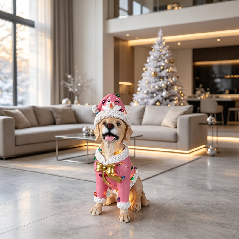 Statue festive de Labrador Retriever de Noël en tenue de père Noël rose, parfaite pour les fêtes et les joyeuses fêtes