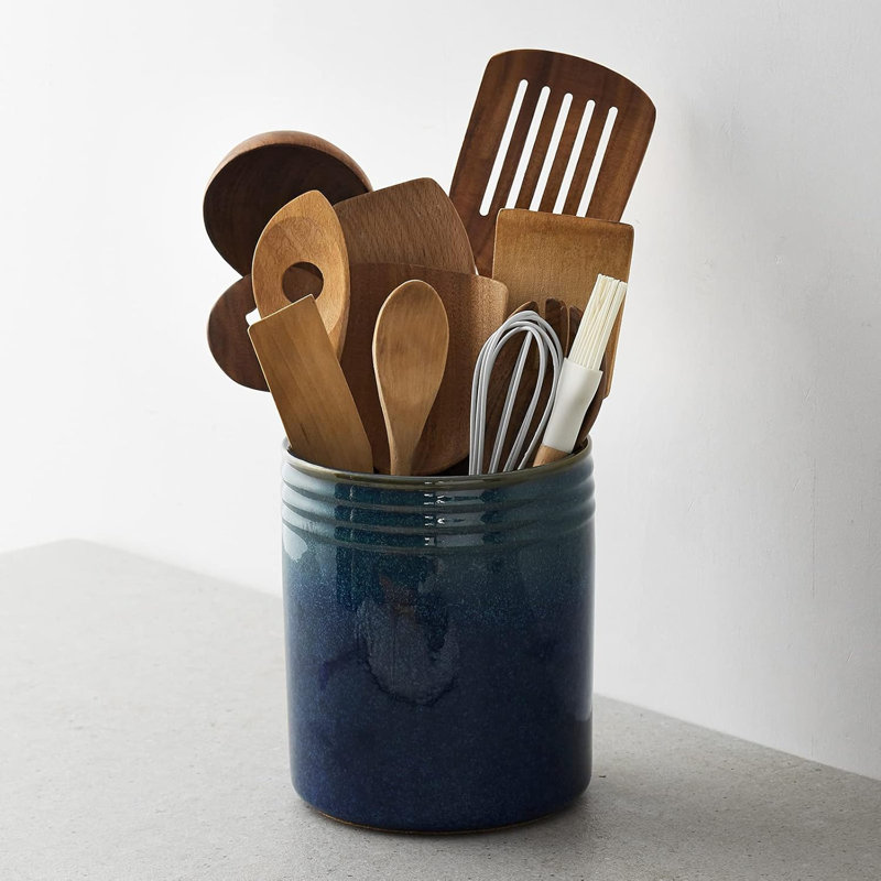 Starry Blue Ceramic Utensil Holder - Farmhouse Style With Cork Base