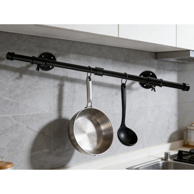 Wall Mounted Pot Rack With Hanging Rod And S-Hooks For Kitchen Storage, Industrial Style Design With Easy Split-Type Installation For Pots And Pans