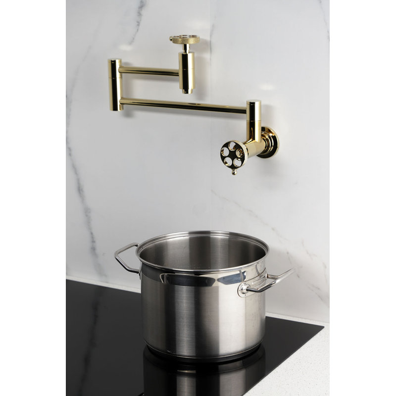Kingston Brass Webb Two-Handle 1-Hole Wall Mount Pot Filler Faucet with Knurled Handle, Polished Brass