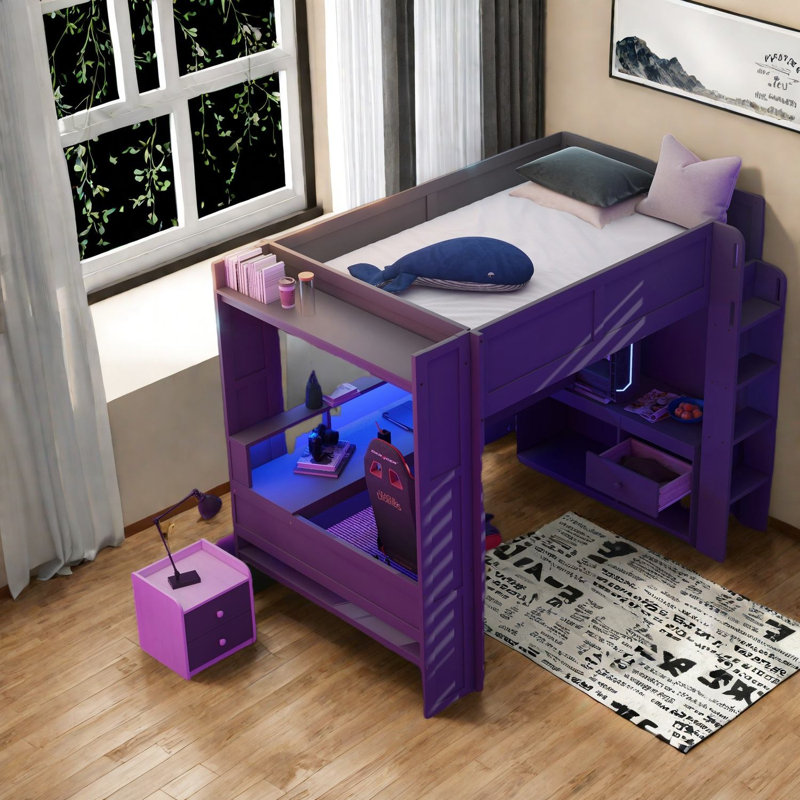 Lit multifonctionnel en bois compact avec bureau, rangement et DEL, gris foncé moderne