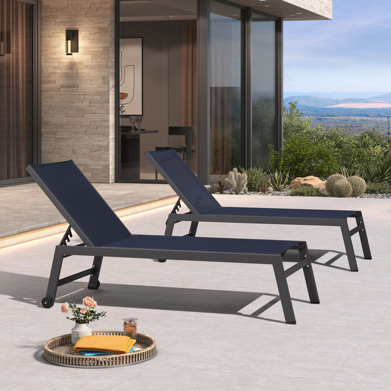 Willbourn Outdoor Rust-Resistant Metal Chaise Lounge with Table, Navy Blue