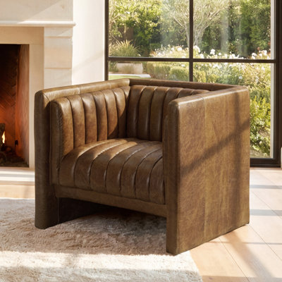 Broderic 38"W Oversized Full-Grain Leather Upholstered Square Channel Tufted Barrel Accent Armchair, Single Sofa