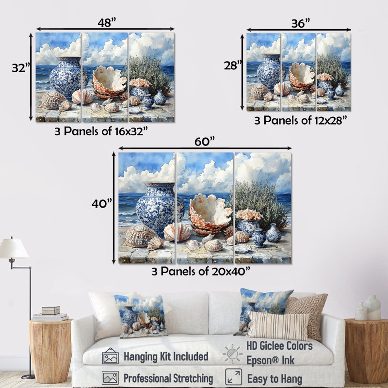 Beach Pottery in Blue and White Tons VII - Ensemble de décoration murale Beach Pottery, H 28 po x l 36 po x P 1 po