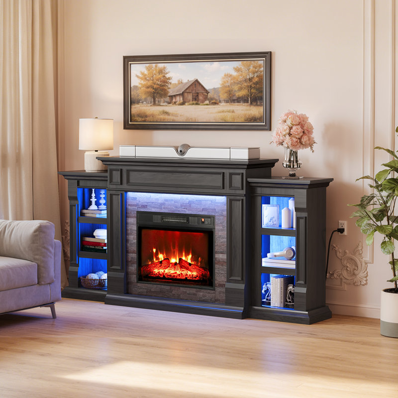 72'' Tv Stand Led For Tvs Up To 80'' With Electric Fireplace And Adjustable Shelves,black