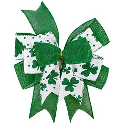 Clover Patrick's Day Wreath Bow Green Shamrock Irish Holiday DIY Crafts Gift Ribbon Bow Ornaments for St. Patrick's Day (9.5 x 13 inch)
