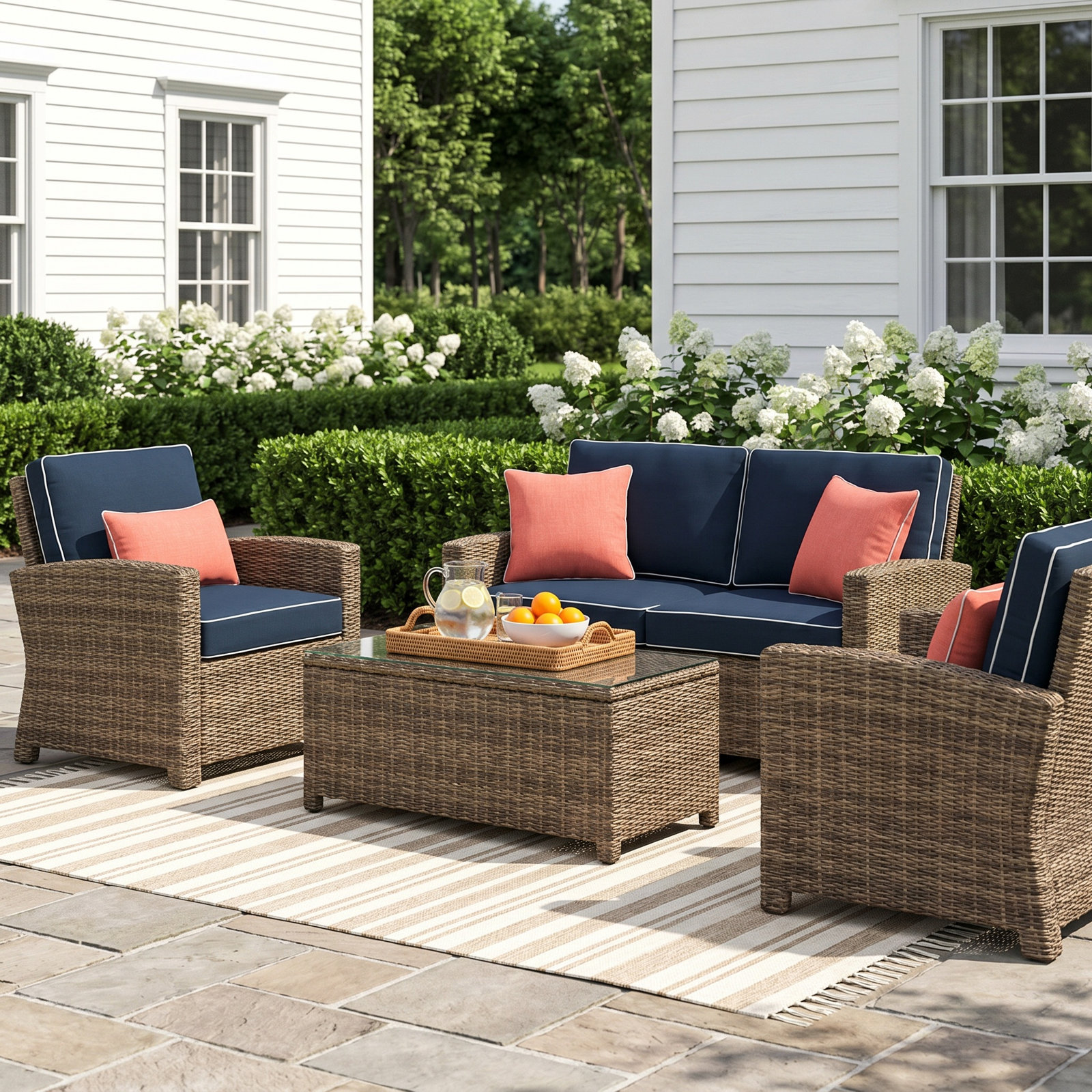 4 - Person Patio Conversation Set with Cushions, Navy, Brown