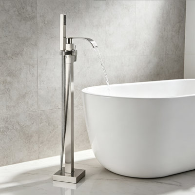 Mosson Brushed Nickel Freestanding Tub Filler, Square Floor‑Mount Bathtub Faucet with Single‑Lever Handle, Dual‑Water Outlet & Solid Brass Handheld Shower