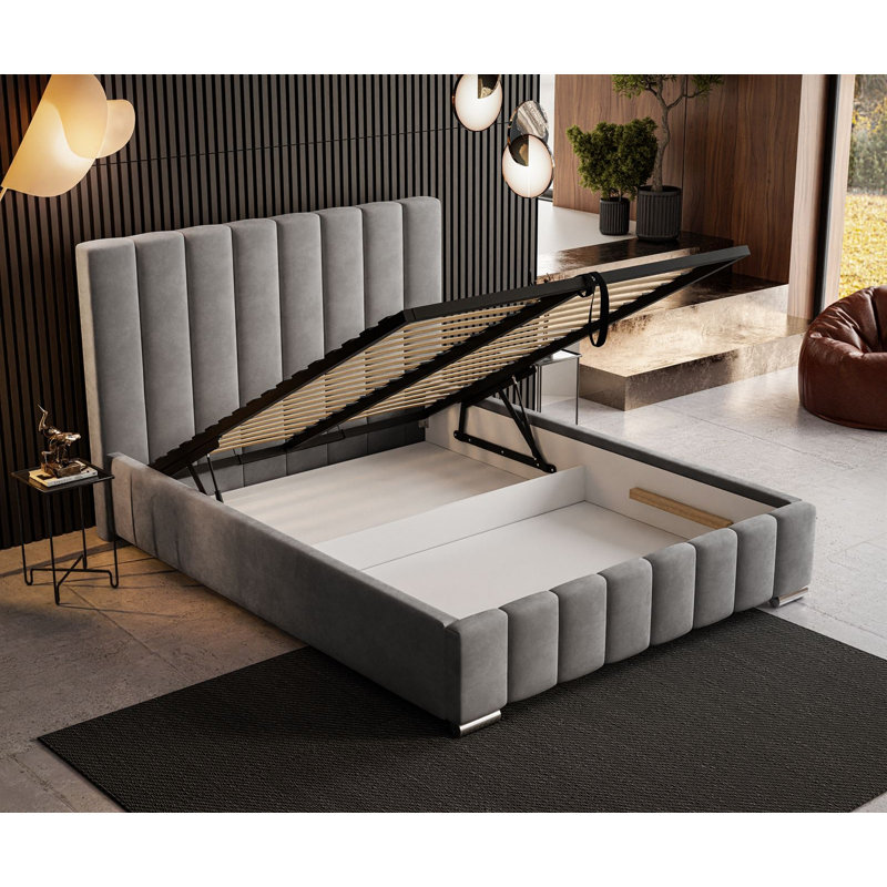 Emiljan Velvet Upholstered Bed, Fossil, 140 x 200cm