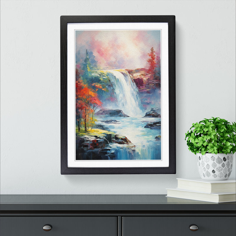 Waterfall Impressionism Art - Framed Print, 34cm H x 25cm W, Black Framed