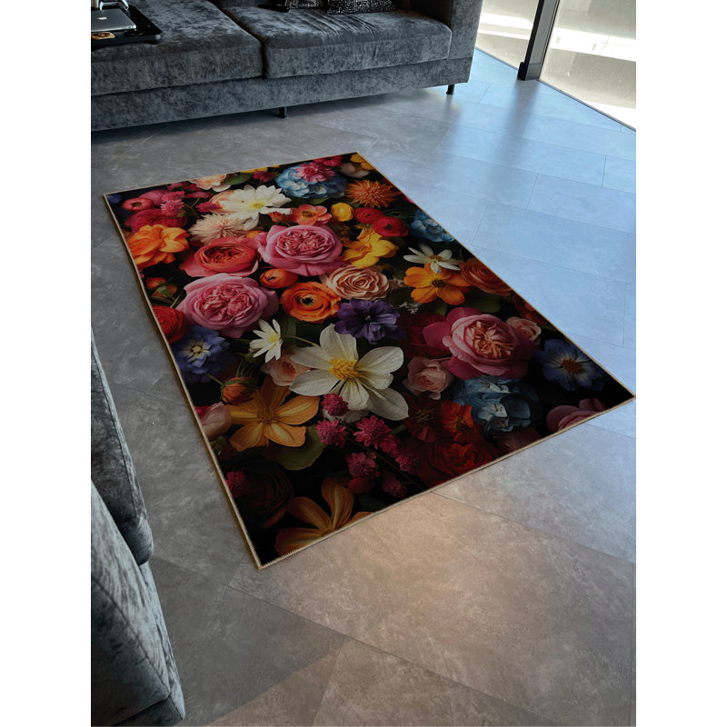 Tapis décoratif moderne multicolore à motif floral marguerite rose, Rectangle 4 pi 7,12 po x 6 pi 6,74 po