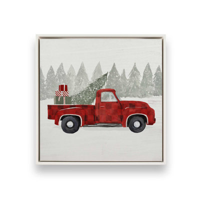 Red Truck Christmas Tree Pickup Print on Canvas in a Polished Chrome Frame