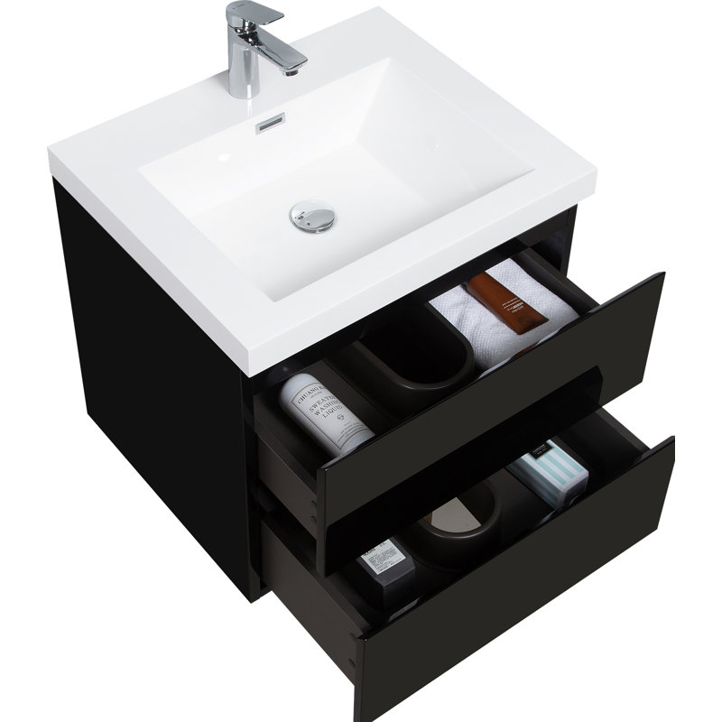 Meuble-lavabo mural 24 po avec lavabo, meuble-lavabo mural moderne avec lavabo en résine et tiroirs à fermeture douce 24 po
