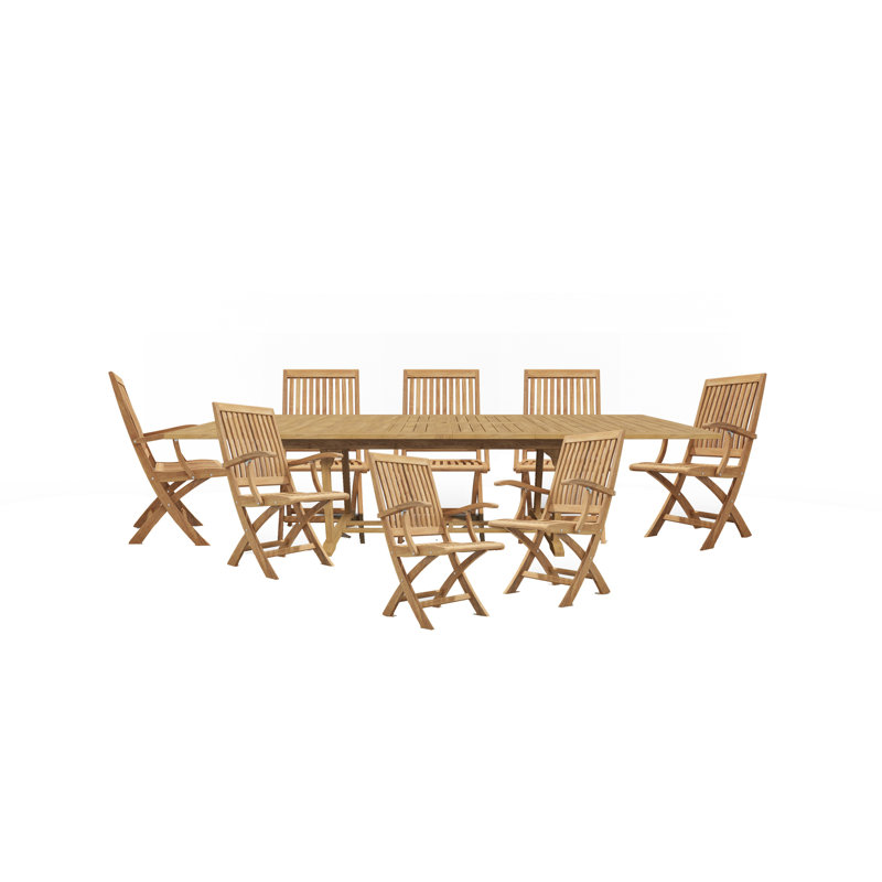 Ensemble repas d'extérieur rectangulaire en teck 9 pièces avec table extensible et chaises pliantes Florence