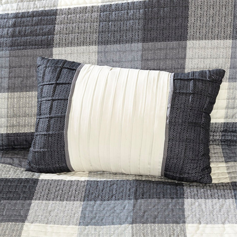 Grey 6 Piece Quilt With Herringbone Print, Buffalo Plaid All Around, Channel Quilting, Machine Washable Pattern, Hand Stitched