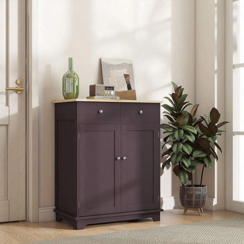 Sideboard With Solid Wood Countertop, Modern Kitchen Storage Cabinet, Coffee Bar Cabinet With 2 Drawers, Doors And Adjustable Shelf