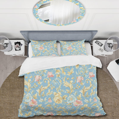 Pink Blue Vintage Flower Paradise IV - Vintage Duvet Cover Set