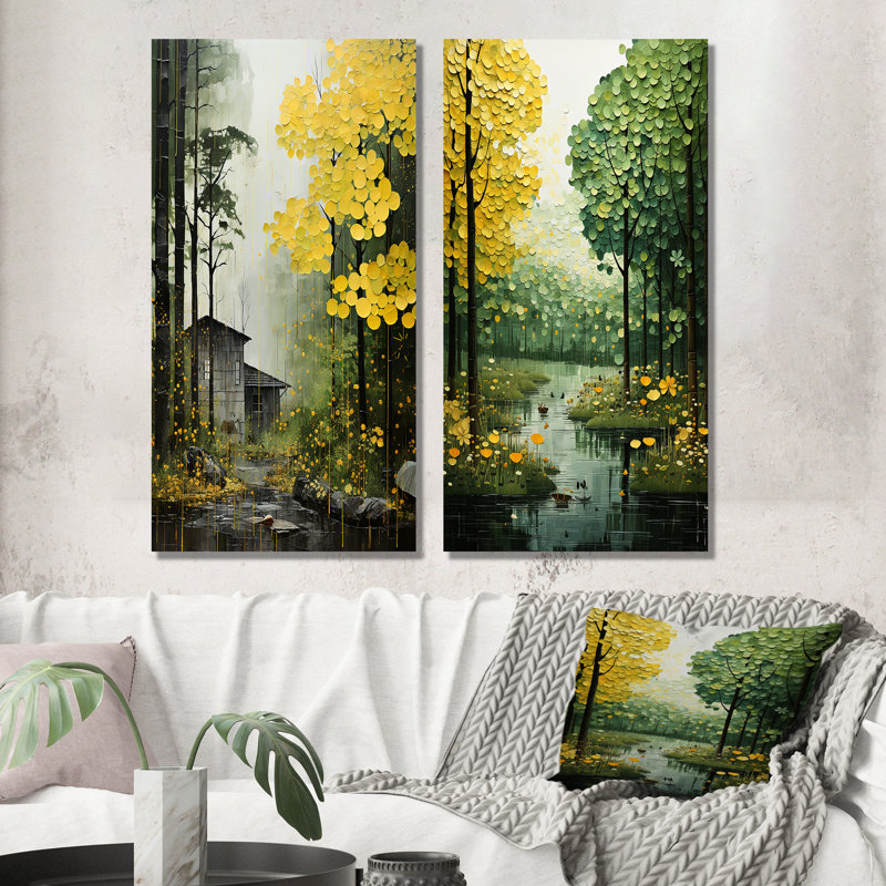 «Yellow Trees Verdant Canopy Patchwork», 2 pièces, H 20 po x l 24 po, Toile tendue