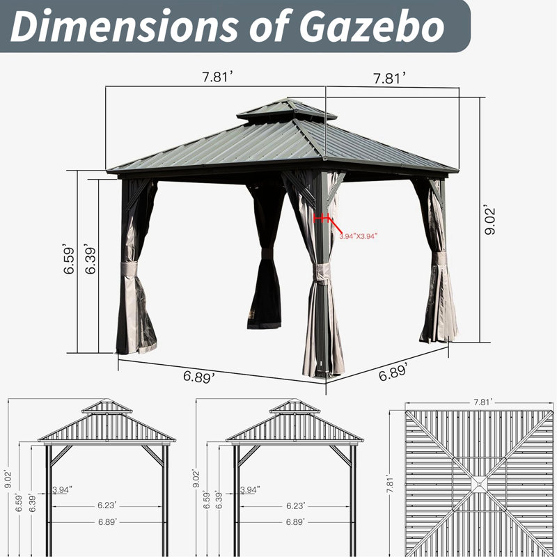 Pavillon de jardin en aluminium et métal avec double toit et rideau, idéal pour la terrasse, la cour, la terrasse, le toit en acier galvanisé gris, gris divertissement