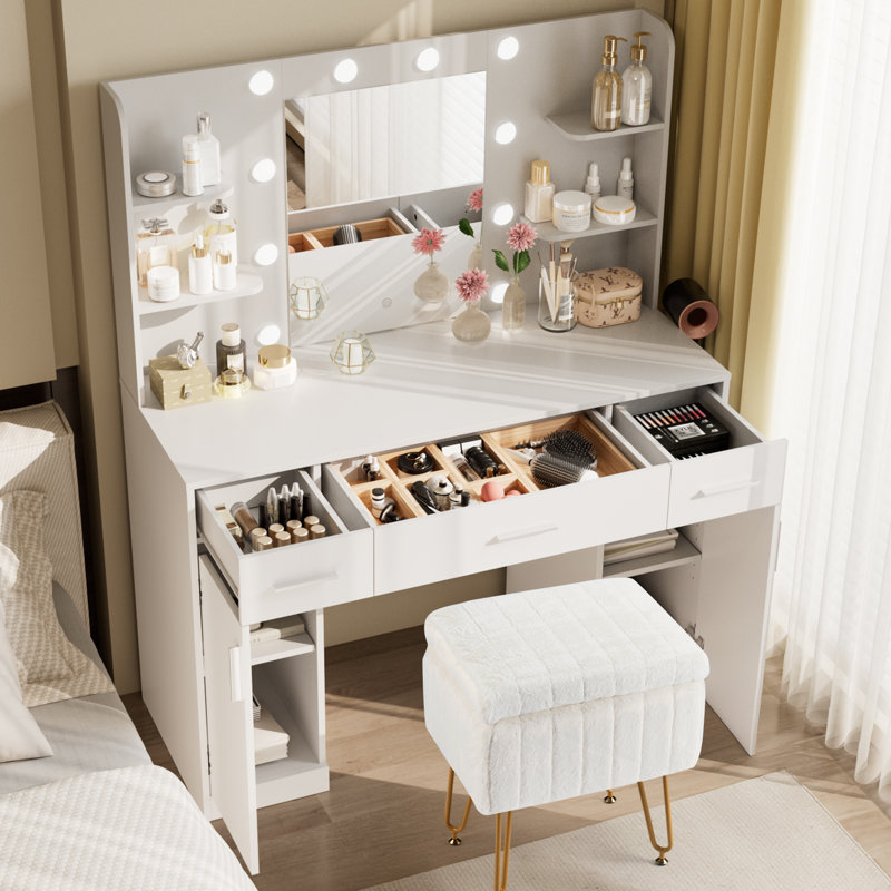 Ensemble de tabouret de coiffeuse avec miroir lumineux et prise de courant Lumina, 3 tiroirs et 2 armoires Lumina, Blanc
