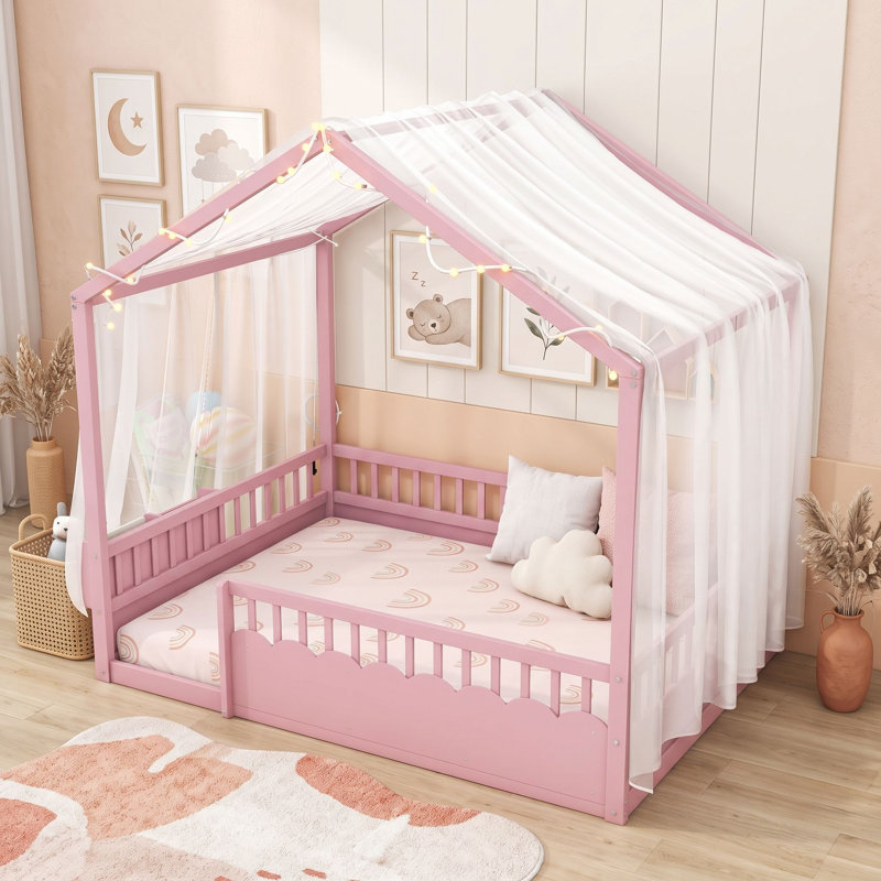 Lit de cabane en bois avec guirlande lumineuse, tablette et barrières de sécurité, Pink