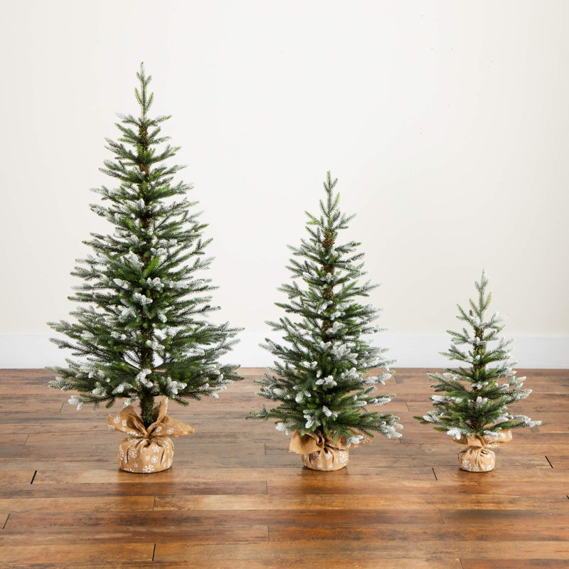 2Ft. 3Ft. 4Ft. Artificial Snowed Balsam Fir Christmas Tree In Burlap Wrapped Base - Set Of 3