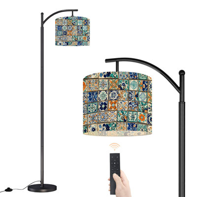 Lampe sur pied à arc avec carreaux à motif floral bleu et orange avec télécommande et abat-jour à DEL